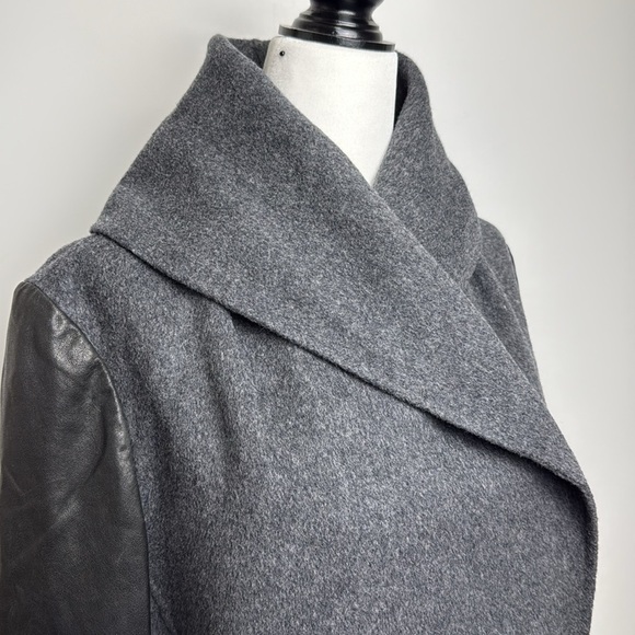 Vince Gray and Black Wool and Leather Asymmetrical Zip Coat Shawl Collar - Picture 6 of 16